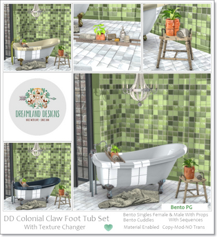 Second Life Marketplace - DD Colonial Claw Foot Tub Set-PG/ADD